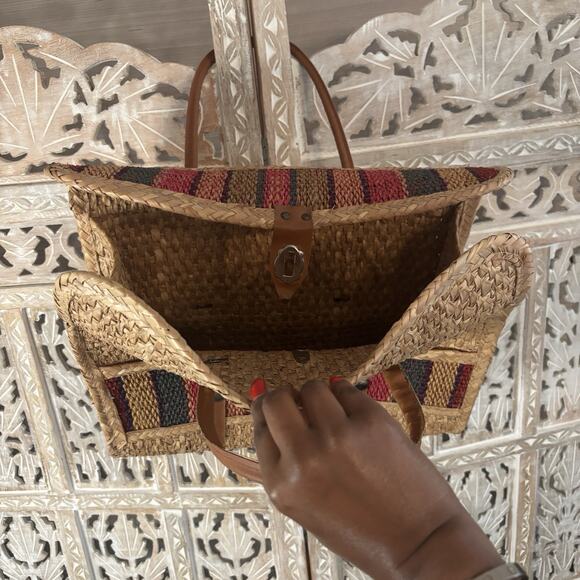 Vtg 60s Acapulco Straw Woven Small Shopper Tote Beach Bag w Multi Color Stripes - Picture 8 of 8